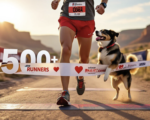 A viral, hyper-realistic YouTube thumbnail with a warm, romantic outdoor sports atmosphere.eabaground is the sun-lit Fruita Community Center finish line area with Colorado River bluffs in the distance and soft golden morning light. The composition uses a wide, slightly low angle to focus on the main subject: a pair of muddy running shoes mid-stride with a red heart-shaped race bib pinned to red shorts, a happy rescue dog leaping up for a kiss right at the finish line tape. The image features massive 3D typography with strict hierarchy: The Primary Text reads exactly: '500+ RUNNERS'. This text is massive, the largest element in the frame, rendered in polished chrome with red glowing edges to look like a high-budget 3D render. The Secondary Text reads exactly: 'SWEETHEART RUN RECORD'. This text is significantly smaller, positioned below the main text. It features a thick white sticker-style border with slight drop shadow to contrast against the background. Make sure text 2 is always different theme, style, effect and border compared to text 1. The text materials correspond to the story's concept. Crucial Instruction: There is absolutely NO other text, numbers, watermarks, or subtitles in this image other than these two specific lines. 8k, Unreal Engine 5, cinematic render.