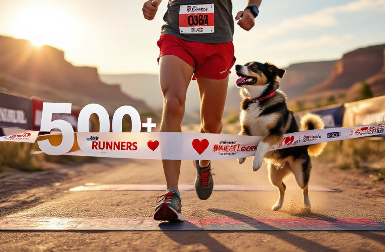 A viral, hyper-realistic YouTube thumbnail with a warm, romantic outdoor sports atmosphere.eabaground is the sun-lit Fruita Community Center finish line area with Colorado River bluffs in the distance and soft golden morning light. The composition uses a wide, slightly low angle to focus on the main subject: a pair of muddy running shoes mid-stride with a red heart-shaped race bib pinned to red shorts, a happy rescue dog leaping up for a kiss right at the finish line tape. The image features massive 3D typography with strict hierarchy: The Primary Text reads exactly: '500+ RUNNERS'. This text is massive, the largest element in the frame, rendered in polished chrome with red glowing edges to look like a high-budget 3D render. The Secondary Text reads exactly: 'SWEETHEART RUN RECORD'. This text is significantly smaller, positioned below the main text. It features a thick white sticker-style border with slight drop shadow to contrast against the background. Make sure text 2 is always different theme, style, effect and border compared to text 1. The text materials correspond to the story's concept. Crucial Instruction: There is absolutely NO other text, numbers, watermarks, or subtitles in this image other than these two specific lines. 8k, Unreal Engine 5, cinematic render.