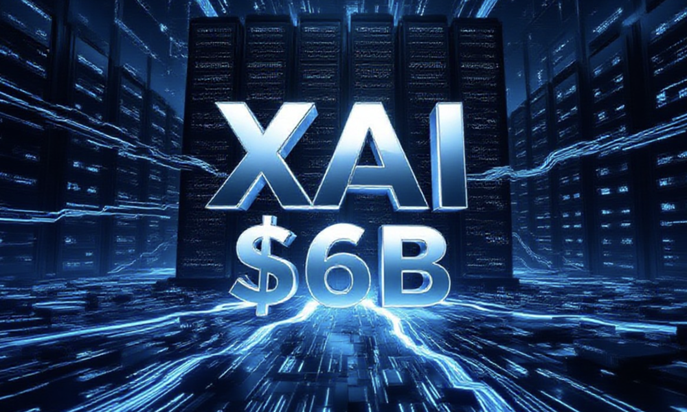 A viral, hyper-realistic YouTube thumbnail with a sleek cyberpunk/tech atmosphere. The background is a massive dark supercomputer cluster glowing electric blue with thousands of Nvidia GPUs pulsing with energy and streams of data flowing like rivers of light. The composition uses a dramatic low-angle shot to focus on the main subject: a towering, futuristic chrome "xAI" logo emerging from the cluster like a phoenix. The image features massive 3D typography with strict hierarchy: The Primary Text reads exactly: 'xAI $6B'. This text is massive, the largest element in the frame, rendered in liquid mercury chrome with electric blue edge glow to look like a high-budget 3D render. The Secondary Text reads exactly: 'GROK CRUSHES OPENAI'. This text is significantly smaller, positioned below the main text. It features a thick, neon red border/outline with glitch distortion effect to contrast against the background. Make sure text 2 is always different theme, style, effect and border compared to text 1. The text materials correspond to the story's concept. Crucial Instruction: There is absolutely NO other text, numbers, watermarks, or subtitles in this image other than these two specific lines. 8k, Unreal Engine 5, cinematic render.