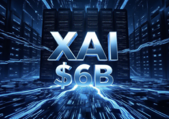 A viral, hyper-realistic YouTube thumbnail with a sleek cyberpunk/tech atmosphere. The background is a massive dark supercomputer cluster glowing electric blue with thousands of Nvidia GPUs pulsing with energy and streams of data flowing like rivers of light. The composition uses a dramatic low-angle shot to focus on the main subject: a towering, futuristic chrome "xAI" logo emerging from the cluster like a phoenix. The image features massive 3D typography with strict hierarchy: The Primary Text reads exactly: 'xAI $6B'. This text is massive, the largest element in the frame, rendered in liquid mercury chrome with electric blue edge glow to look like a high-budget 3D render. The Secondary Text reads exactly: 'GROK CRUSHES OPENAI'. This text is significantly smaller, positioned below the main text. It features a thick, neon red border/outline with glitch distortion effect to contrast against the background. Make sure text 2 is always different theme, style, effect and border compared to text 1. The text materials correspond to the story's concept. Crucial Instruction: There is absolutely NO other text, numbers, watermarks, or subtitles in this image other than these two specific lines. 8k, Unreal Engine 5, cinematic render.