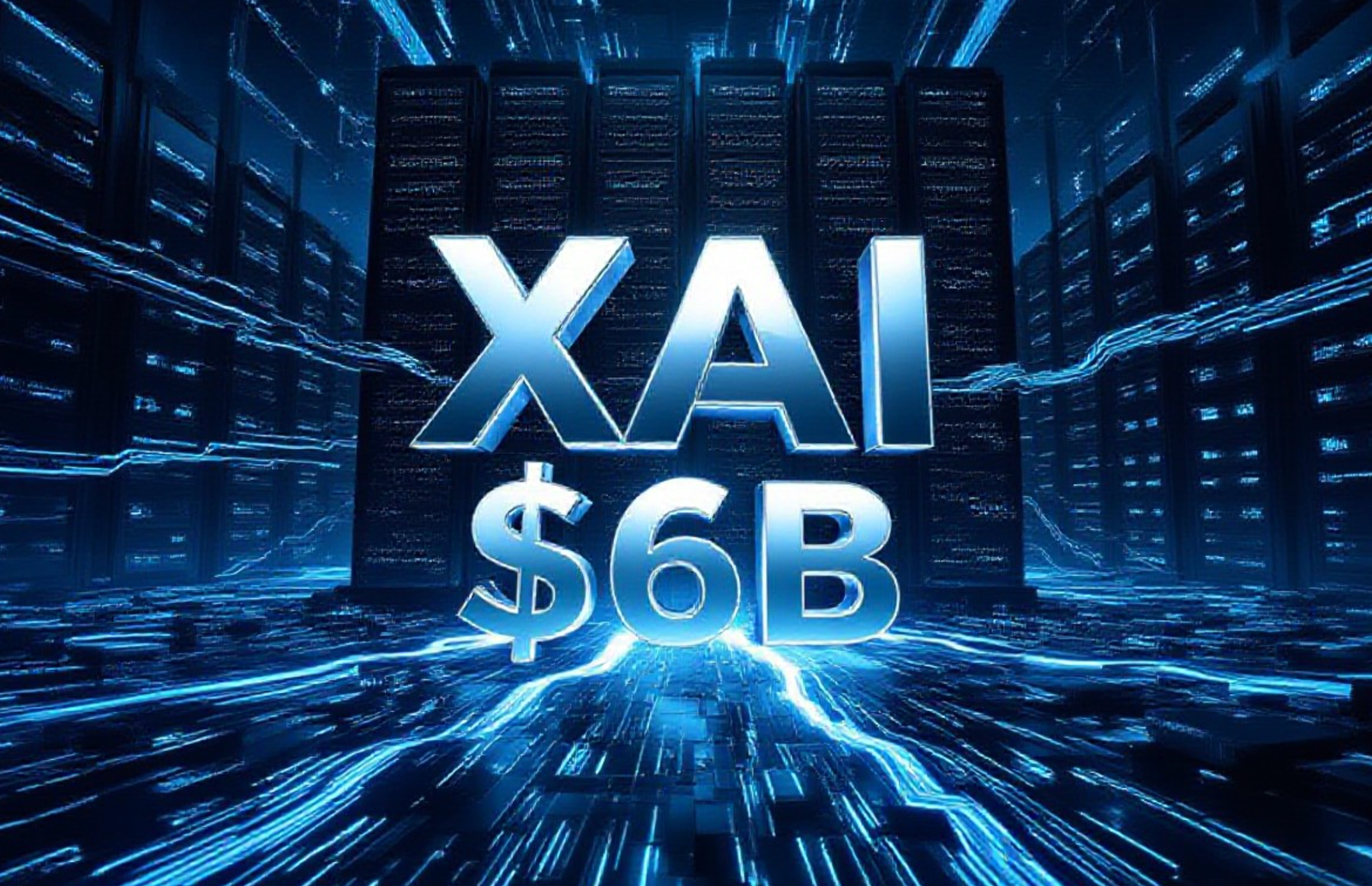 A viral, hyper-realistic YouTube thumbnail with a sleek cyberpunk/tech atmosphere. The background is a massive dark supercomputer cluster glowing electric blue with thousands of Nvidia GPUs pulsing with energy and streams of data flowing like rivers of light. The composition uses a dramatic low-angle shot to focus on the main subject: a towering, futuristic chrome "xAI" logo emerging from the cluster like a phoenix. The image features massive 3D typography with strict hierarchy: The Primary Text reads exactly: 'xAI $6B'. This text is massive, the largest element in the frame, rendered in liquid mercury chrome with electric blue edge glow to look like a high-budget 3D render. The Secondary Text reads exactly: 'GROK CRUSHES OPENAI'. This text is significantly smaller, positioned below the main text. It features a thick, neon red border/outline with glitch distortion effect to contrast against the background. Make sure text 2 is always different theme, style, effect and border compared to text 1. The text materials correspond to the story's concept. Crucial Instruction: There is absolutely NO other text, numbers, watermarks, or subtitles in this image other than these two specific lines. 8k, Unreal Engine 5, cinematic render.