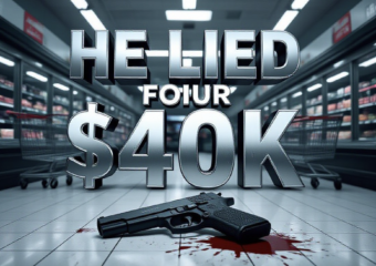 A viral, hyper-realistic YouTube thumbnail with a dark, tense crime-drama atmosphere. The background is the dimly lit meat aisle of a busy Indiana Kroger at Christmas, abandoned shopping carts tipped over, faint police lights flashing through the front windows. The composition uses a dramatic low-angle shot to focus on the main subject: a gleaming black handgun lying on blood-stained white tiles. The image features massive 3D typography with strict hierarchy: The Primary Text reads exactly: "HE LIED FOR $40K". This text is massive, the largest element in the frame, rendered in cold chrome metal with dripping blood effect to look like a high-budget 3D render. The Secondary Text reads exactly: "Victim Recants". This text is significantly smaller, positioned below the main text with a glowing red outline border to contrast against the dark floor. 8k, Unreal Engine 5, cinematic render