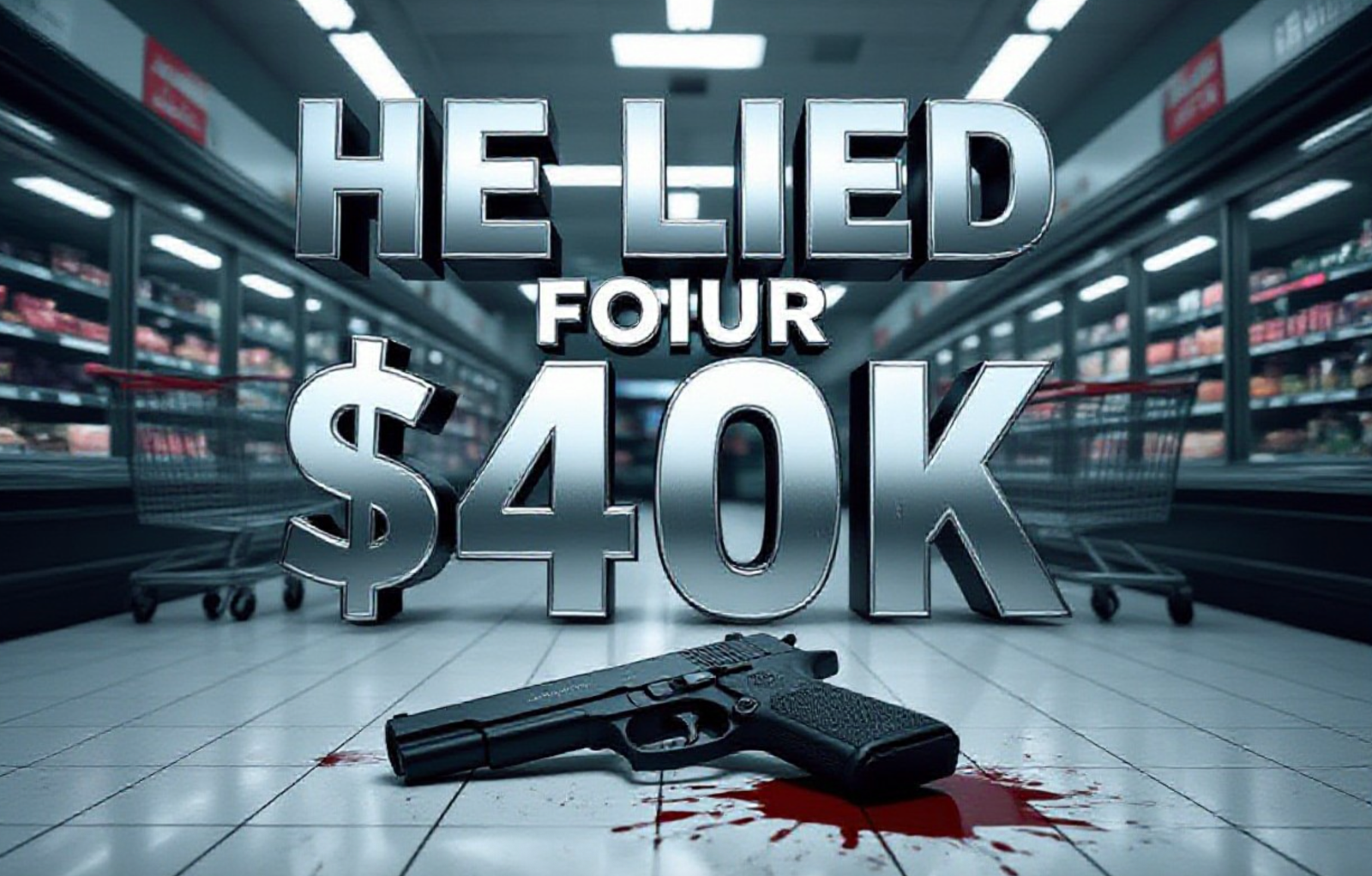 A viral, hyper-realistic YouTube thumbnail with a dark, tense crime-drama atmosphere. The background is the dimly lit meat aisle of a busy Indiana Kroger at Christmas, abandoned shopping carts tipped over, faint police lights flashing through the front windows. The composition uses a dramatic low-angle shot to focus on the main subject: a gleaming black handgun lying on blood-stained white tiles. The image features massive 3D typography with strict hierarchy: The Primary Text reads exactly: "HE LIED FOR $40K". This text is massive, the largest element in the frame, rendered in cold chrome metal with dripping blood effect to look like a high-budget 3D render. The Secondary Text reads exactly: "Victim Recants". This text is significantly smaller, positioned below the main text with a glowing red outline border to contrast against the dark floor. 8k, Unreal Engine 5, cinematic render