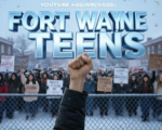 A viral, hyper-realistic YouTube thumbnail with a tense, defiant activist atmosphere. The background is a cold February morning outside South Side High School in Fort Wayne, chain-link fence in foreground, hundreds of diverse teens holding hand-made signs, light snow falling. The composition uses a dramatic low-angle shot to focus on the main subject: a raised fist gripping a bold protest sign on wooden stick. The image features massive 3D typography with strict hierarchy: The Primary Text reads exactly: 'FORT WAYNE TEENS'. This text is massive, the largest element in the frame, rendered in frozen ice-blue chrome with cracking ice effect to look like a high-budget 3D render. The Secondary Text reads exactly: 'DEFY ICE'. This text is significantly smaller, positioned below the main text. It features a thick, glowing red border/outline (sticker style) to contrast against the cold background. Make sure text 2 is always different theme, style, effect and border compared to text 1. The text materials correspond to the story's concept. Crucial Instruction: There is absolutely NO other text, numbers, watermarks, or subtitles in this image other than these two specific lines. 8k, Unreal Engine 5, cinematic render.