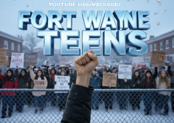 A viral, hyper-realistic YouTube thumbnail with a tense, defiant activist atmosphere. The background is a cold February morning outside South Side High School in Fort Wayne, chain-link fence in foreground, hundreds of diverse teens holding hand-made signs, light snow falling. The composition uses a dramatic low-angle shot to focus on the main subject: a raised fist gripping a bold protest sign on wooden stick. The image features massive 3D typography with strict hierarchy: The Primary Text reads exactly: 'FORT WAYNE TEENS'. This text is massive, the largest element in the frame, rendered in frozen ice-blue chrome with cracking ice effect to look like a high-budget 3D render. The Secondary Text reads exactly: 'DEFY ICE'. This text is significantly smaller, positioned below the main text. It features a thick, glowing red border/outline (sticker style) to contrast against the cold background. Make sure text 2 is always different theme, style, effect and border compared to text 1. The text materials correspond to the story's concept. Crucial Instruction: There is absolutely NO other text, numbers, watermarks, or subtitles in this image other than these two specific lines. 8k, Unreal Engine 5, cinematic render.