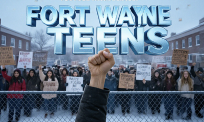 A viral, hyper-realistic YouTube thumbnail with a tense, defiant activist atmosphere. The background is a cold February morning outside South Side High School in Fort Wayne, chain-link fence in foreground, hundreds of diverse teens holding hand-made signs, light snow falling. The composition uses a dramatic low-angle shot to focus on the main subject: a raised fist gripping a bold protest sign on wooden stick. The image features massive 3D typography with strict hierarchy: The Primary Text reads exactly: 'FORT WAYNE TEENS'. This text is massive, the largest element in the frame, rendered in frozen ice-blue chrome with cracking ice effect to look like a high-budget 3D render. The Secondary Text reads exactly: 'DEFY ICE'. This text is significantly smaller, positioned below the main text. It features a thick, glowing red border/outline (sticker style) to contrast against the cold background. Make sure text 2 is always different theme, style, effect and border compared to text 1. The text materials correspond to the story's concept. Crucial Instruction: There is absolutely NO other text, numbers, watermarks, or subtitles in this image other than these two specific lines. 8k, Unreal Engine 5, cinematic render.