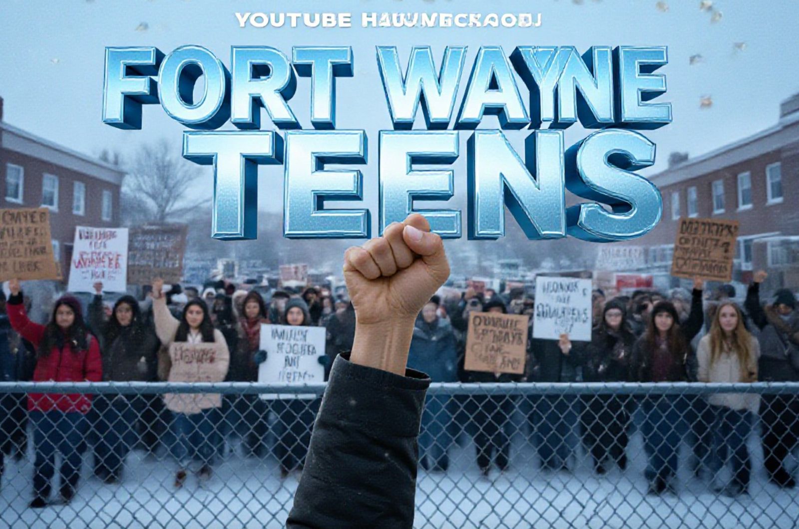 A viral, hyper-realistic YouTube thumbnail with a tense, defiant activist atmosphere. The background is a cold February morning outside South Side High School in Fort Wayne, chain-link fence in foreground, hundreds of diverse teens holding hand-made signs, light snow falling. The composition uses a dramatic low-angle shot to focus on the main subject: a raised fist gripping a bold protest sign on wooden stick. The image features massive 3D typography with strict hierarchy: The Primary Text reads exactly: 'FORT WAYNE TEENS'. This text is massive, the largest element in the frame, rendered in frozen ice-blue chrome with cracking ice effect to look like a high-budget 3D render. The Secondary Text reads exactly: 'DEFY ICE'. This text is significantly smaller, positioned below the main text. It features a thick, glowing red border/outline (sticker style) to contrast against the cold background. Make sure text 2 is always different theme, style, effect and border compared to text 1. The text materials correspond to the story's concept. Crucial Instruction: There is absolutely NO other text, numbers, watermarks, or subtitles in this image other than these two specific lines. 8k, Unreal Engine 5, cinematic render.