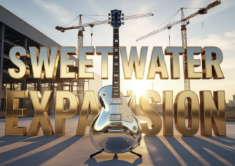 A viral, hyper-realistic YouTube thumbnail with a triumphant corporate victory atmosphere. The background is a massive modern warehouse under construction at golden hour with Fort Wayne skyline faint in the distance and dramatic lens flares. The composition uses a dramatic low-angle shot to focus on the main subject: a gleaming chrome electric guitar standing upright like a monument with construction cranes rising behind it. The image features massive 3D typography with strict hierarchy: The Primary Text reads exactly: 'SWEETWATER EXPANSION'. This text is massive, the largest element in the frame, rendered in polished gold chrome with realistic reflections to look like a high-budget 3D render. The Secondary Text reads exactly: '300 JOBS APPROVED'. This text is significantly smaller, positioned below the main text with a bold red sticker-style outline and slight drop shadow to pop against the sky. Make sure text 2 is always different theme, style, effect and border compared to text 1. The text materials correspond to the story's concept. Crucial Instruction: There is absolutely NO other text, numbers, watermarks, or subtitles in this image other than these two specific lines. 8k, Unreal Engine 5, cinematic render.