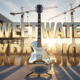 A viral, hyper-realistic YouTube thumbnail with a triumphant corporate victory atmosphere. The background is a massive modern warehouse under construction at golden hour with Fort Wayne skyline faint in the distance and dramatic lens flares. The composition uses a dramatic low-angle shot to focus on the main subject: a gleaming chrome electric guitar standing upright like a monument with construction cranes rising behind it. The image features massive 3D typography with strict hierarchy: The Primary Text reads exactly: 'SWEETWATER EXPANSION'. This text is massive, the largest element in the frame, rendered in polished gold chrome with realistic reflections to look like a high-budget 3D render. The Secondary Text reads exactly: '300 JOBS APPROVED'. This text is significantly smaller, positioned below the main text with a bold red sticker-style outline and slight drop shadow to pop against the sky. Make sure text 2 is always different theme, style, effect and border compared to text 1. The text materials correspond to the story's concept. Crucial Instruction: There is absolutely NO other text, numbers, watermarks, or subtitles in this image other than these two specific lines. 8k, Unreal Engine 5, cinematic render.