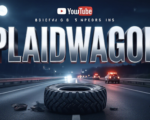 A viral, hyper-realistic YouTube thumbnail with a Kinetic atmosphere. The background is a dark, moonlit highway scene with scattered debris and flashing emergency lights in the distance. The composition uses a Low Angle to focus on the main subject: a battered, rugged off-road tire lying on the asphalt. The image features massive 3D typography with strict hierarchy: The Primary Text reads exactly: 'PLAIDWAGON'. This text is massive, the largest element in the frame, rendered in Chrome to look like a high-budget 3D render. The Secondary Text reads exactly: 'CRITICAL'. This text is significantly smaller, positioned below or next to the main text. It features a thick, distinct color border/outline (sticker style) to contrast against the background. Make sure text 2 is always different theme, style, effect and border compared to text 1.