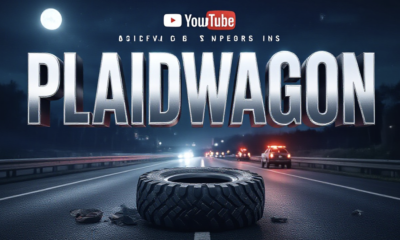 A viral, hyper-realistic YouTube thumbnail with a Kinetic atmosphere. The background is a dark, moonlit highway scene with scattered debris and flashing emergency lights in the distance. The composition uses a Low Angle to focus on the main subject: a battered, rugged off-road tire lying on the asphalt. The image features massive 3D typography with strict hierarchy: The Primary Text reads exactly: 'PLAIDWAGON'. This text is massive, the largest element in the frame, rendered in Chrome to look like a high-budget 3D render. The Secondary Text reads exactly: 'CRITICAL'. This text is significantly smaller, positioned below or next to the main text. It features a thick, distinct color border/outline (sticker style) to contrast against the background. Make sure text 2 is always different theme, style, effect and border compared to text 1.