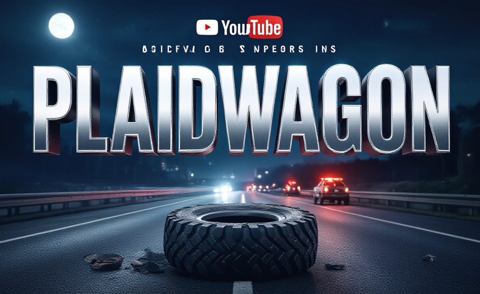 A viral, hyper-realistic YouTube thumbnail with a Kinetic atmosphere. The background is a dark, moonlit highway scene with scattered debris and flashing emergency lights in the distance. The composition uses a Low Angle to focus on the main subject: a battered, rugged off-road tire lying on the asphalt. The image features massive 3D typography with strict hierarchy: The Primary Text reads exactly: 'PLAIDWAGON'. This text is massive, the largest element in the frame, rendered in Chrome to look like a high-budget 3D render. The Secondary Text reads exactly: 'CRITICAL'. This text is significantly smaller, positioned below or next to the main text. It features a thick, distinct color border/outline (sticker style) to contrast against the background. Make sure text 2 is always different theme, style, effect and border compared to text 1.