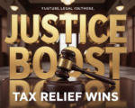 A viral, hyper-realistic YouTube thumbnail with a Business/Legal atmosphere. The background is a modern, sunlit rural courthouse hallway with polished floors and warm lighting. The composition uses a Low Angle to focus on the main subject: a detailed wooden Gavel resting on a glass table. The image features massive 3D typography with strict hierarchy: The Primary Text reads exactly: 'JUSTICE BOOST'. This text is massive, the largest element in the frame, rendered in Gold to look like a high-budget 3D render. The Secondary Text reads exactly: 'Tax Relief Wins'. This text is significantly smaller, positioned below or next to the main text. It features a thick, distinct color border/outline (sticker style) to contrast against the background. Make sure text 2 is always different theme, style, effect and border compared to text 1. The text materials correspond to the story's concept. Crucial Instruction: There is absolutely NO other text, numbers, watermarks, or subtitles in this image other than these two specific lines. 8k, Unreal Engine 5, cinematic render