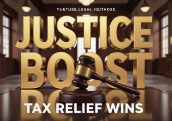 A viral, hyper-realistic YouTube thumbnail with a Business/Legal atmosphere. The background is a modern, sunlit rural courthouse hallway with polished floors and warm lighting. The composition uses a Low Angle to focus on the main subject: a detailed wooden Gavel resting on a glass table. The image features massive 3D typography with strict hierarchy: The Primary Text reads exactly: 'JUSTICE BOOST'. This text is massive, the largest element in the frame, rendered in Gold to look like a high-budget 3D render. The Secondary Text reads exactly: 'Tax Relief Wins'. This text is significantly smaller, positioned below or next to the main text. It features a thick, distinct color border/outline (sticker style) to contrast against the background. Make sure text 2 is always different theme, style, effect and border compared to text 1. The text materials correspond to the story's concept. Crucial Instruction: There is absolutely NO other text, numbers, watermarks, or subtitles in this image other than these two specific lines. 8k, Unreal Engine 5, cinematic render