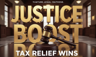 A viral, hyper-realistic YouTube thumbnail with a Business/Legal atmosphere. The background is a modern, sunlit rural courthouse hallway with polished floors and warm lighting. The composition uses a Low Angle to focus on the main subject: a detailed wooden Gavel resting on a glass table. The image features massive 3D typography with strict hierarchy: The Primary Text reads exactly: 'JUSTICE BOOST'. This text is massive, the largest element in the frame, rendered in Gold to look like a high-budget 3D render. The Secondary Text reads exactly: 'Tax Relief Wins'. This text is significantly smaller, positioned below or next to the main text. It features a thick, distinct color border/outline (sticker style) to contrast against the background. Make sure text 2 is always different theme, style, effect and border compared to text 1. The text materials correspond to the story's concept. Crucial Instruction: There is absolutely NO other text, numbers, watermarks, or subtitles in this image other than these two specific lines. 8k, Unreal Engine 5, cinematic render