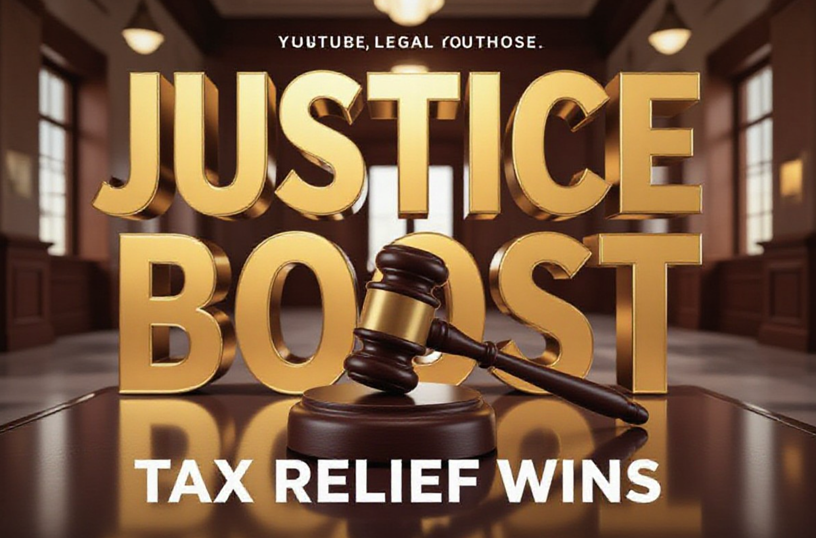 A viral, hyper-realistic YouTube thumbnail with a Business/Legal atmosphere. The background is a modern, sunlit rural courthouse hallway with polished floors and warm lighting. The composition uses a Low Angle to focus on the main subject: a detailed wooden Gavel resting on a glass table. The image features massive 3D typography with strict hierarchy: The Primary Text reads exactly: 'JUSTICE BOOST'. This text is massive, the largest element in the frame, rendered in Gold to look like a high-budget 3D render. The Secondary Text reads exactly: 'Tax Relief Wins'. This text is significantly smaller, positioned below or next to the main text. It features a thick, distinct color border/outline (sticker style) to contrast against the background. Make sure text 2 is always different theme, style, effect and border compared to text 1.

The text materials correspond to the story's concept. Crucial Instruction: There is absolutely NO other text, numbers, watermarks, or subtitles in this image other than these two specific lines. 8k, Unreal Engine 5, cinematic render
