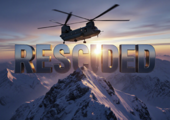 A viral, hyper-realistic YouTube thumbnail with a High-Altitude Rescue atmosphere. The background is a jagged, snow-dusted mountain summit at sunset with harsh, dramatic lighting. The composition uses a High-Angle/Drone Shot to focus on the main subject: a massive CH-47 Chinook Helicopter hovering just above the rocky peak. The image features massive 3D typography with strict hierarchy: The Primary Text reads exactly: 'RESCUED'. This text is massive, the largest element in the frame, rendered in Frozen Chrome to look like a high-budget 3D render. The Secondary Text reads exactly: 'AT 14,000 FT'. This text is significantly smaller, positioned below or next to the main text. It features a thick, distinct color border/outline (sticker style) to contrast against the background. Make sure text 2 is always different theme, style, effect and border compared to text 1. The text materials correspond to the story's concept. Crucial Instruction: There is absolutely NO other text, numbers, watermarks, or subtitles in this image other than these two specific lines. 8k, Unreal Engine 5, cinematic render.