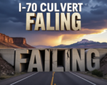 A viral, hyper-realistic YouTube thumbnail with a dramatic western Colorado atmosphere. The background is a rugged Book Cliffs canyon at golden hour with storm clouds gathering. The composition uses a low, dramatic angle looking up at massive cracked concrete culvert walls bulging inward under the weight of Interstate 70 above, with Mount Garfield summit visible in the distance. The main subject: a huge failing concrete box culvert with deep cracks and exposed rebar dramatically lit. The image features massive 3D typography with strict hierarchy: The Primary Text reads exactly: 'I-70 CULVERT FAILING'. This text is massive, rendered in weathered cracked concrete material with dust and debris falling. The Secondary Text reads exactly: 'Mesa County Demands Fix'. This text is smaller, positioned below with a bold red warning-stripe border. 8k, Unreal Engine 5, cinematic render