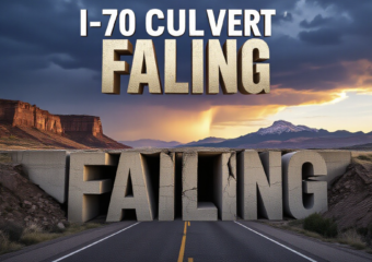 A viral, hyper-realistic YouTube thumbnail with a dramatic western Colorado atmosphere. The background is a rugged Book Cliffs canyon at golden hour with storm clouds gathering. The composition uses a low, dramatic angle looking up at massive cracked concrete culvert walls bulging inward under the weight of Interstate 70 above, with Mount Garfield summit visible in the distance. The main subject: a huge failing concrete box culvert with deep cracks and exposed rebar dramatically lit. The image features massive 3D typography with strict hierarchy: The Primary Text reads exactly: 'I-70 CULVERT FAILING'. This text is massive, rendered in weathered cracked concrete material with dust and debris falling. The Secondary Text reads exactly: 'Mesa County Demands Fix'. This text is smaller, positioned below with a bold red warning-stripe border. 8k, Unreal Engine 5, cinematic render