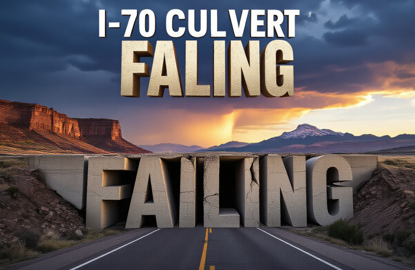 A viral, hyper-realistic YouTube thumbnail with a dramatic western Colorado atmosphere. The background is a rugged Book Cliffs canyon at golden hour with storm clouds gathering. The composition uses a low, dramatic angle looking up at massive cracked concrete culvert walls bulging inward under the weight of Interstate 70 above, with Mount Garfield summit visible in the distance. The main subject: a huge failing concrete box culvert with deep cracks and exposed rebar dramatically lit. The image features massive 3D typography with strict hierarchy: The Primary Text reads exactly: 'I-70 CULVERT FAILING'. This text is massive, rendered in weathered cracked concrete material with dust and debris falling. The Secondary Text reads exactly: 'Mesa County Demands Fix'. This text is smaller, positioned below with a bold red warning-stripe border. 8k, Unreal Engine 5, cinematic render