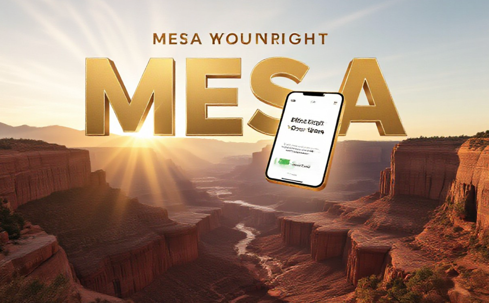 A viral, hyper-realistic YouTube thumbnail with a warm, hopeful health-care atmosphere. The background is a soft sunrise over the Colorado National Monument with gentle golden light rays breaking through red rock canyons. The composition uses a slight low angle to focus on the main subject: a glowing smartphone floating in mid-air displaying the clean "Find the Right Fit" website interface. The image features massive 3D typography with strict hierarchy: The Primary Text reads exactly: 'MESA COUNTY'. This text is massive, the largest element in the frame, rendered in warm brushed bronze gold with subtle edge glow to look like a high-budget 3D render. The Secondary Text reads exactly: 'MENTAL HEALTH BREAKTHROUGH'. This text is significantly smaller, positioned below the main text. It features a thick white sticker-style outline with soft teal fill to contrast against the sunrise background. The text materials correspond to the story's concept. Crucial Instruction: There is absolutely NO other text, numbers, watermarks, or subtitles in this image other than these two specific lines. 8k, Unreal Engine 5, cinematic render