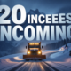 A viral, hyper-realistic YouTube thumbnail with a dramatic winter storm atmosphere. The background is a dark, swirling blizzard over Colorado's jagged mountain peaks at night with heavy snowfall and blowing snow illuminated by vehicle headlights on a winding pass. The composition uses a low-angle shot to focus on the main subject: a massive illuminated orange CDOT snowplow pushing through deep snow on a mountain highway. The image features massive 3D typography with strict hierarchy: The Primary Text reads exactly: '20 INCHES INCOMING'. This text is massive, the largest element in the frame, rendered in glowing ice-blue chrome with frozen frost effects to look like a high-budget 3D render. The Secondary Text reads exactly: 'Colorado Storm Hits Hard'. This text is significantly smaller, positioned below the main text. It features a thick, bright orange border/outline (sticker style) to contrast against the dark stormy background. Make sure text 2 is always different theme, style, effect and border compared to text 1. The text materials correspond to the story's concept. Crucial Instruction: There is absolutely NO other text, numbers, watermarks, or subtitles in this image other than these two specific lines. 8k, Unreal Engine 5, cinematic render