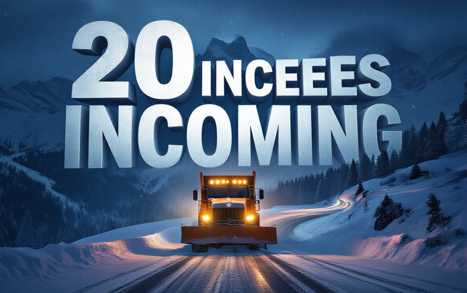 A viral, hyper-realistic YouTube thumbnail with a dramatic winter storm atmosphere. The background is a dark, swirling blizzard over Colorado's jagged mountain peaks at night with heavy snowfall and blowing snow illuminated by vehicle headlights on a winding pass. The composition uses a low-angle shot to focus on the main subject: a massive illuminated orange CDOT snowplow pushing through deep snow on a mountain highway. The image features massive 3D typography with strict hierarchy: The Primary Text reads exactly: '20 INCHES INCOMING'. This text is massive, the largest element in the frame, rendered in glowing ice-blue chrome with frozen frost effects to look like a high-budget 3D render. The Secondary Text reads exactly: 'Colorado Storm Hits Hard'. This text is significantly smaller, positioned below the main text. It features a thick, bright orange border/outline (sticker style) to contrast against the dark stormy background. Make sure text 2 is always different theme, style, effect and border compared to text 1. The text materials correspond to the story's concept. Crucial Instruction: There is absolutely NO other text, numbers, watermarks, or subtitles in this image other than these two specific lines. 8k, Unreal Engine 5, cinematic render