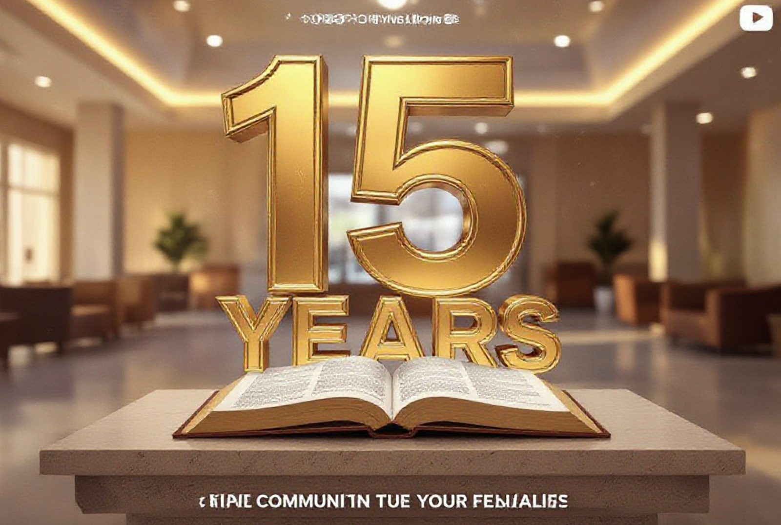 A viral, hyper-realistic YouTube thumbnail with a Civic and Warm atmosphere. The background is a blurred, modern community center interior with soft, golden hour lighting. The composition uses a slightly Low Angle to focus on the main subject: a stylized, 3D Open Book made of polished stone and glass resting on a podium. The image features massive 3D typography with strict hierarchy: The Primary Text reads exactly: '15 YEARS'. This text is massive, the largest element in the frame, rendered in Gold Chrome to look like a high-budget 3D render. The Secondary Text reads exactly: 'COMMUNITY HUB'. This text is significantly smaller, positioned below or next to the main text. It features a thick, distinct white border/outline (sticker style) to contrast against the background. Make sure text 2 is always different theme, style, effect and border compared to text 1.
