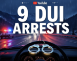 A viral, hyper-realistic YouTube thumbnail with a tense night-time law enforcement atmosphere. The background is a dark Colorado mountain highway at night with heavy rain reflections on the asphalt and flashing red-blue police lights cutting through fog. The composition uses a dramatic low-angle shot from road level to focus on the main subject: a pair of glowing handcuffs resting on a steering wheel inside a stopped vehicle, with rain droplets on the windshield. The image features massive 3D typography with strict hierarchy: The Primary Text reads exactly: '9 DUI ARRESTS'. This text is massive, the largest element in the frame, rendered in polished chrome metal with pulsing red-blue emergency light reflections. The Secondary Text reads exactly: 'Super Bowl Crackdown'. This text is significantly smaller, positioned below the main text. It features a thick white outline with subtle motion blur and warning-yellow glow effect. Make sure text 2 is always different theme, style, effect and border compared to text 1. The text materials correspond to the story's concept. Crucial Instruction: There is absolutely NO other text, numbers, watermarks, or subtitles in this image other than these two specific lines. 8k, Unreal Engine 5, cinematic render