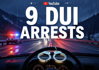A viral, hyper-realistic YouTube thumbnail with a tense night-time law enforcement atmosphere. The background is a dark Colorado mountain highway at night with heavy rain reflections on the asphalt and flashing red-blue police lights cutting through fog. The composition uses a dramatic low-angle shot from road level to focus on the main subject: a pair of glowing handcuffs resting on a steering wheel inside a stopped vehicle, with rain droplets on the windshield. The image features massive 3D typography with strict hierarchy: The Primary Text reads exactly: '9 DUI ARRESTS'. This text is massive, the largest element in the frame, rendered in polished chrome metal with pulsing red-blue emergency light reflections. The Secondary Text reads exactly: 'Super Bowl Crackdown'. This text is significantly smaller, positioned below the main text. It features a thick white outline with subtle motion blur and warning-yellow glow effect. Make sure text 2 is always different theme, style, effect and border compared to text 1. The text materials correspond to the story's concept. Crucial Instruction: There is absolutely NO other text, numbers, watermarks, or subtitles in this image other than these two specific lines. 8k, Unreal Engine 5, cinematic render