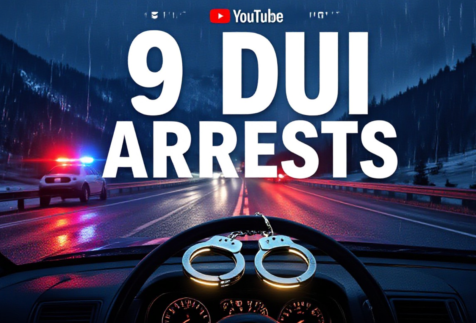 A viral, hyper-realistic YouTube thumbnail with a tense night-time law enforcement atmosphere. The background is a dark Colorado mountain highway at night with heavy rain reflections on the asphalt and flashing red-blue police lights cutting through fog. The composition uses a dramatic low-angle shot from road level to focus on the main subject: a pair of glowing handcuffs resting on a steering wheel inside a stopped vehicle, with rain droplets on the windshield. The image features massive 3D typography with strict hierarchy: The Primary Text reads exactly: '9 DUI ARRESTS'. This text is massive, the largest element in the frame, rendered in polished chrome metal with pulsing red-blue emergency light reflections. The Secondary Text reads exactly: 'Super Bowl Crackdown'. This text is significantly smaller, positioned below the main text. It features a thick white outline with subtle motion blur and warning-yellow glow effect. Make sure text 2 is always different theme, style, effect and border compared to text 1. The text materials correspond to the story's concept. Crucial Instruction: There is absolutely NO other text, numbers, watermarks, or subtitles in this image other than these two specific lines. 8k, Unreal Engine 5, cinematic render