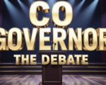 A viral, hyper-realistic YouTube thumbnail with a Serious Political atmosphere. The background is a Grand University Auditorium Stage with Dramatic Spotlights. The composition uses a Low Angle to focus on the main subject: a Detailed Faceless Podium with Microphone. The image features massive 3D typography with strict hierarchy: The Primary Text reads exactly: 'CO GOVERNOR'. This text is massive, the largest element in the frame, rendered in Gold Chrome to look like a high-budget 3D render. The Secondary Text reads exactly: 'THE DEBATE'. This text is significantly smaller, positioned below or next to the main text. It features a thick, distinct color border/outline (sticker style) to contrast against the background. Make sure text 2 is always different theme, style, effect and border compared to text 1.