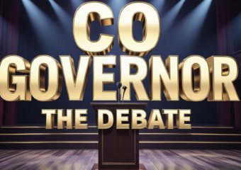 A viral, hyper-realistic YouTube thumbnail with a Serious Political atmosphere. The background is a Grand University Auditorium Stage with Dramatic Spotlights. The composition uses a Low Angle to focus on the main subject: a Detailed Faceless Podium with Microphone. The image features massive 3D typography with strict hierarchy: The Primary Text reads exactly: 'CO GOVERNOR'. This text is massive, the largest element in the frame, rendered in Gold Chrome to look like a high-budget 3D render. The Secondary Text reads exactly: 'THE DEBATE'. This text is significantly smaller, positioned below or next to the main text. It features a thick, distinct color border/outline (sticker style) to contrast against the background. Make sure text 2 is always different theme, style, effect and border compared to text 1.