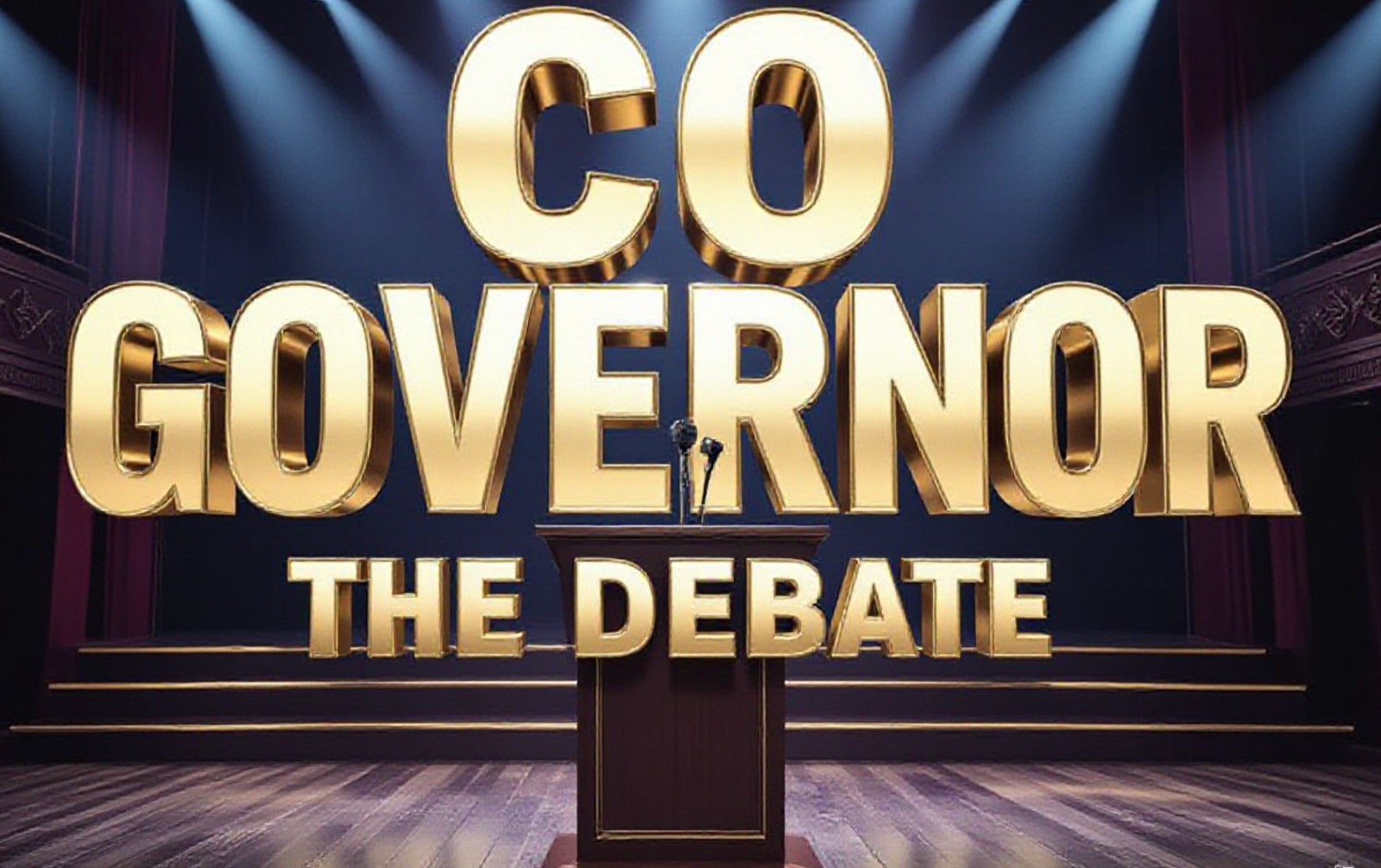 A viral, hyper-realistic YouTube thumbnail with a Serious Political atmosphere. The background is a Grand University Auditorium Stage with Dramatic Spotlights. The composition uses a Low Angle to focus on the main subject: a Detailed Faceless Podium with Microphone. The image features massive 3D typography with strict hierarchy: The Primary Text reads exactly: 'CO GOVERNOR'. This text is massive, the largest element in the frame, rendered in Gold Chrome to look like a high-budget 3D render. The Secondary Text reads exactly: 'THE DEBATE'. This text is significantly smaller, positioned below or next to the main text. It features a thick, distinct color border/outline (sticker style) to contrast against the background. Make sure text 2 is always different theme, style, effect and border compared to text 1.