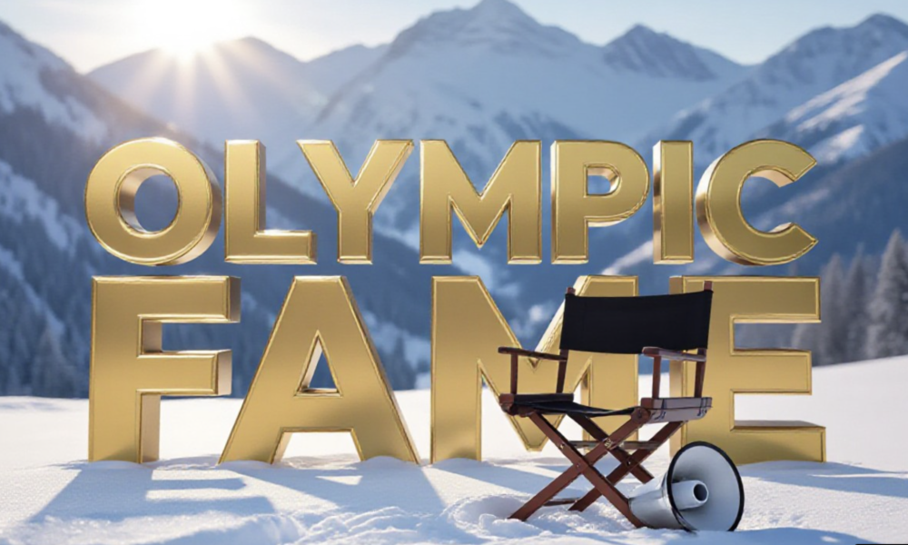A viral, hyper-realistic YouTube thumbnail with a heartwarming Winter Olympics atmosphere. The background is a snowy Utah mountain range with soft, golden-hour sunlight hitting the peaks. The composition uses a Low Angle to focus on the main subject: a detailed Faceless Director's Chair with a megaphone resting on it. The image features massive 3D typography with strict hierarchy: The Primary Text reads exactly: 'OLYMPIC FAME'. This text is massive, the largest element in the frame, rendered in Gold Chrome to look like a high-budget 3D render. The Secondary Text reads exactly: 'From Viral to TV'. This text is significantly smaller, positioned below or next to the main text. It features a thick, distinct white border/outline (sticker style) to contrast against the background. Make sure text 2 is always different theme, style, effect and border compared to text 1.