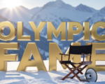 A viral, hyper-realistic YouTube thumbnail with a heartwarming Winter Olympics atmosphere. The background is a snowy Utah mountain range with soft, golden-hour sunlight hitting the peaks. The composition uses a Low Angle to focus on the main subject: a detailed Faceless Director's Chair with a megaphone resting on it. The image features massive 3D typography with strict hierarchy: The Primary Text reads exactly: 'OLYMPIC FAME'. This text is massive, the largest element in the frame, rendered in Gold Chrome to look like a high-budget 3D render. The Secondary Text reads exactly: 'From Viral to TV'. This text is significantly smaller, positioned below or next to the main text. It features a thick, distinct white border/outline (sticker style) to contrast against the background. Make sure text 2 is always different theme, style, effect and border compared to text 1.