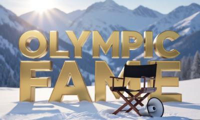 A viral, hyper-realistic YouTube thumbnail with a heartwarming Winter Olympics atmosphere. The background is a snowy Utah mountain range with soft, golden-hour sunlight hitting the peaks. The composition uses a Low Angle to focus on the main subject: a detailed Faceless Director's Chair with a megaphone resting on it. The image features massive 3D typography with strict hierarchy: The Primary Text reads exactly: 'OLYMPIC FAME'. This text is massive, the largest element in the frame, rendered in Gold Chrome to look like a high-budget 3D render. The Secondary Text reads exactly: 'From Viral to TV'. This text is significantly smaller, positioned below or next to the main text. It features a thick, distinct white border/outline (sticker style) to contrast against the background. Make sure text 2 is always different theme, style, effect and border compared to text 1.