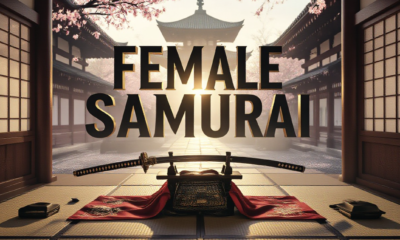 A viral, hyper-realistic YouTube thumbnail with a traditional Japanese aesthetic atmosphere. The background is a misty Japanese temple courtyard during golden hour with cherry blossoms falling and dramatic volumetric lighting casting shadows across tatami mats and shoji screens. The composition uses a low angle cinematic shot to focus on the main subject: an ornate katana sword resting on a detailed armor stand with silk fabric draped elegantly, surrounded by traditional Japanese art scrolls and calligraphy brushes. The image features massive 3D typography with strict hierarchy: The Primary Text reads exactly: 'FEMALE SAMURAI'. This text is massive, the largest element in the frame, rendered in polished steel with cherry blossom petal particles and traditional Japanese gold leaf accents to look like a high-budget 3D render. The Secondary Text reads exactly: 'HALF OF JAPAN'. This text is significantly smaller, positioned below the main text. It features a thick, distinct red and white border/outline (sticker style) with traditional Japanese wave pattern texture to contrast against the background. Make sure text 2 is always different theme, style, effect and border compared to text 1. The text materials correspond to the story's concept. Crucial Instruction: There is absolutely NO other text, numbers, watermarks, or subtitles in this image other than these two specific lines. 8k, Unreal Engine 5, cinematic render.