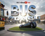 A viral, hyper-realistic YouTube thumbnail with a Kinetic News atmosphere. The background is a detailed Fort Wayne street intersection with morning sunlight breaking through overcast clouds. The composition uses a Low Angle to focus on the main subject: a yellow school bus bumper visible on the side and a dramatic overturned sedan in a grassy median. The image features massive 3D typography with strict hierarchy: The Primary Text reads exactly: 'BUS CRASH'. This text is massive, the largest element in the frame, rendered in Chrome Red to look like a high-budget 3D render. The Secondary Text reads exactly: 'CAR FLIPS'. This text is significantly smaller, positioned below or next to the main text. It features a thick, distinct yellow border/outline to contrast against the background. Make sure text 2 is always different theme, style, effect and border compared to text 1.