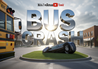 A viral, hyper-realistic YouTube thumbnail with a Kinetic News atmosphere. The background is a detailed Fort Wayne street intersection with morning sunlight breaking through overcast clouds. The composition uses a Low Angle to focus on the main subject: a yellow school bus bumper visible on the side and a dramatic overturned sedan in a grassy median. The image features massive 3D typography with strict hierarchy: The Primary Text reads exactly: 'BUS CRASH'. This text is massive, the largest element in the frame, rendered in Chrome Red to look like a high-budget 3D render. The Secondary Text reads exactly: 'CAR FLIPS'. This text is significantly smaller, positioned below or next to the main text. It features a thick, distinct yellow border/outline to contrast against the background. Make sure text 2 is always different theme, style, effect and border compared to text 1.