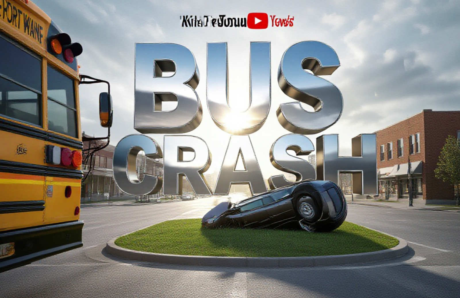 A viral, hyper-realistic YouTube thumbnail with a Kinetic News atmosphere. The background is a detailed Fort Wayne street intersection with morning sunlight breaking through overcast clouds. The composition uses a Low Angle to focus on the main subject: a yellow school bus bumper visible on the side and a dramatic overturned sedan in a grassy median. The image features massive 3D typography with strict hierarchy: The Primary Text reads exactly: 'BUS CRASH'. This text is massive, the largest element in the frame, rendered in Chrome Red to look like a high-budget 3D render. The Secondary Text reads exactly: 'CAR FLIPS'. This text is significantly smaller, positioned below or next to the main text. It features a thick, distinct yellow border/outline to contrast against the background. Make sure text 2 is always different theme, style, effect and border compared to text 1.