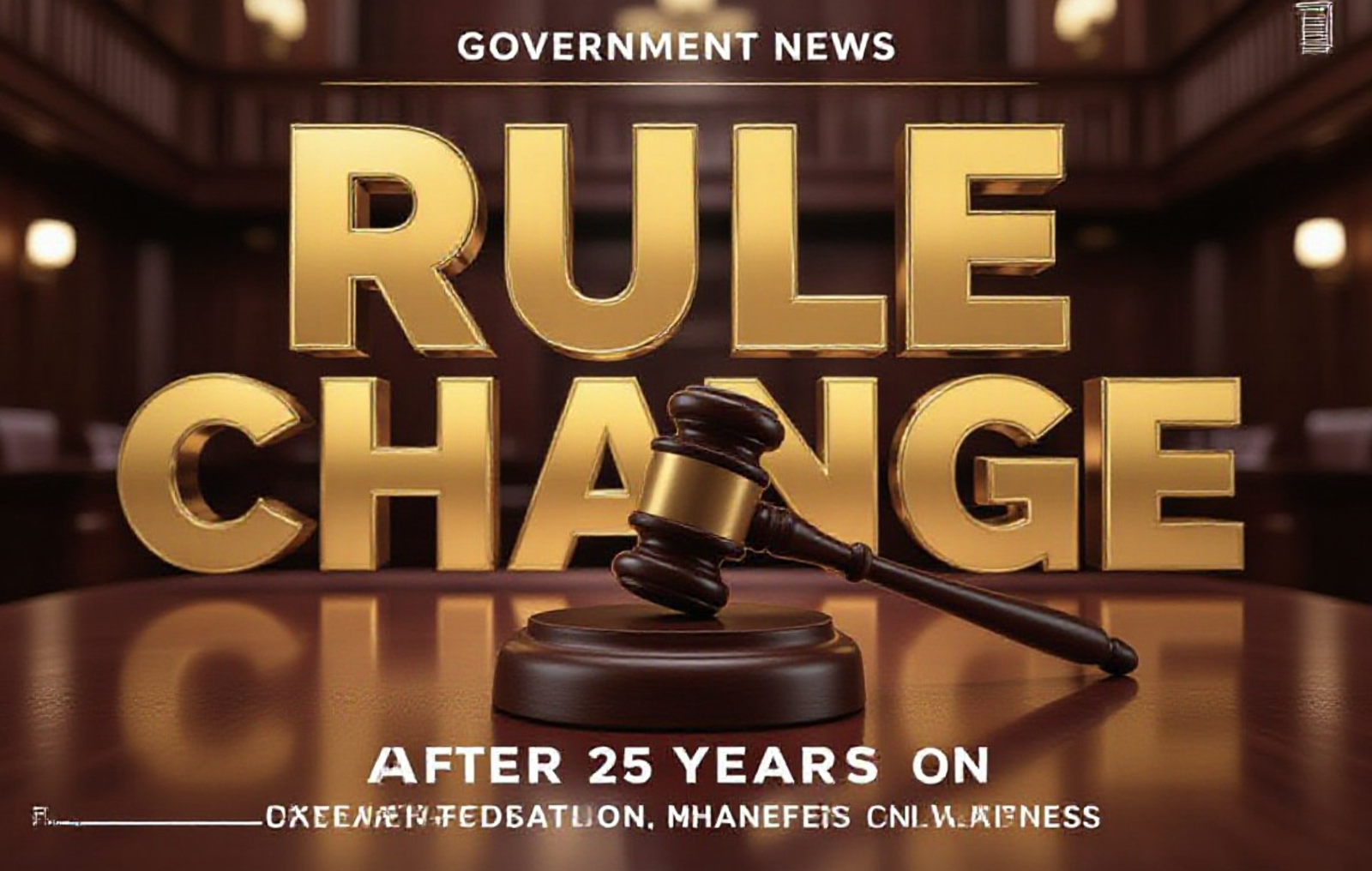 A viral, hyper-realistic YouTube thumbnail with a Government News atmosphere. The background is a blurred, high-end council chamber with warm wood paneling and focused depth of field. The composition uses a Low Angle to focus on the main subject: a detailed Wooden Gavel resting on a polished surface. The image features massive 3D typography with strict hierarchy: The Primary Text reads exactly: 'RULE CHANGE'. This text is massive, the largest element in the frame, rendered in Gold Chrome to look like a high-budget 3D render. The Secondary Text reads exactly: 'AFTER 25 YEARS'. This text is significantly smaller, positioned below the main text. It features a thick, distinct white border/outline (sticker style) to contrast against the background. Make sure text 2 is always different theme, style, effect and border compared to text 1. The text materials correspond to the story's concept. Crucial Instruction: There is absolutely NO other text, numbers, watermarks, or subtitles in this image other than these two specific lines. 8k, Unreal Engine 5, cinematic render