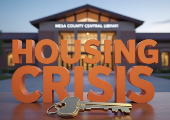 A viral, hyper-realistic YouTube thumbnail with a Business/Community atmosphere. The background is a blurred, high-quality shot of the Mesa County Central Library exterior at twilight with warm, inviting lighting. The composition uses a slightly Low Angle to focus on the main subject: a detailed 3D House Key resting on a wooden table. The image features massive 3D typography with strict hierarchy: The Primary Text reads exactly: 'HOUSING CRISIS'. This text is massive, the largest element in the frame, rendered in Matte Orange to look like a high-budget 3D render. The Secondary Text reads exactly: 'SPEAK UP TONIGHT'. This text is significantly smaller, positioned below the main text. It features a thick, distinct white border/outline (sticker style) to contrast against the background. Make sure text 2 is always different theme, style, effect and border compared to text 1.