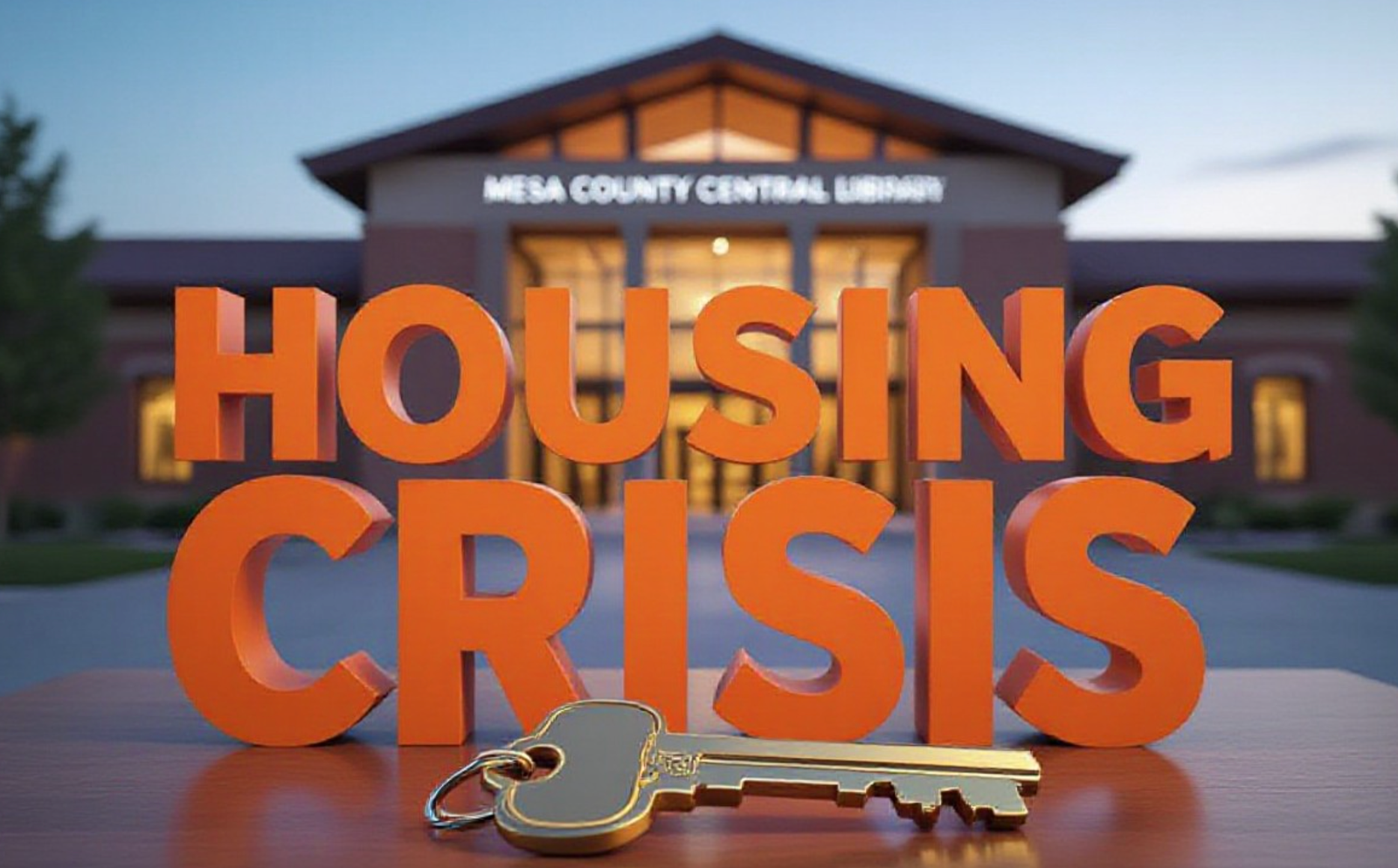 A viral, hyper-realistic YouTube thumbnail with a Business/Community atmosphere. The background is a blurred, high-quality shot of the Mesa County Central Library exterior at twilight with warm, inviting lighting. The composition uses a slightly Low Angle to focus on the main subject: a detailed 3D House Key resting on a wooden table. The image features massive 3D typography with strict hierarchy: The Primary Text reads exactly: 'HOUSING CRISIS'. This text is massive, the largest element in the frame, rendered in Matte Orange to look like a high-budget 3D render. The Secondary Text reads exactly: 'SPEAK UP TONIGHT'. This text is significantly smaller, positioned below the main text. It features a thick, distinct white border/outline (sticker style) to contrast against the background. Make sure text 2 is always different theme, style, effect and border compared to text 1.