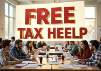 A viral, hyper-realistic YouTube thumbnail with a warm, helpful community atmosphere. The background is a busy Colorado Mesa University computer lab filled with smiling students helping families at tables covered with tax forms and laptops, soft natural window light pouring in. The composition uses a slight low angle to focus on the main subject: a large, open IRS refund check made of glowing white paper floating above the scene. The image features massive 3D typography with strict hierarchy: The Primary Text reads exactly: 'FREE TAX HELP'. This text is massive, the largest element in the frame, rendered in bold crimson and gold with a metallic shine to match CMU colors. The Secondary Text reads exactly: 'Up to $8,700 Back'. This text is significantly smaller, positioned below the main text with a thick white sticker-style outline and red border to pop against the background. The text materials correspond to the story's concept. Crucial Instruction: There is absolutely NO other text, numbers, watermarks, or subtitles in this image other than these two specific lines. 8k, Unreal Engine 5, cinematic render