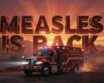 A viral, hyper-realistic YouTube thumbnail with a dramatic emergency response atmosphere. The background is a hazy Grand Junction skyline choked with orange wildfire smoke under a dark red sunset with dramatic god rays piercing through. The composition uses a low-angle cinematic shot to focus on the main subject: a large, metallic red Public Health emergency response vehicle with flashing lights cutting through the smoke. The image features massive 3D typography with strict hierarchy: The Primary Text reads exactly: 'MEASLES IS BACK'. This text is massive, the largest element in the frame, rendered in glowing crimson chrome with ember particles flying off the letters like wildfire sparks. The Secondary Text reads exactly: '11 Cases + 32,000 Acres Burned'. This text is significantly smaller, positioned below the main text with a thick white outline and black sticker-style border to pop against the smoky background. 8k, Unreal Engine 5, cinematic render