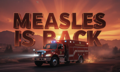 A viral, hyper-realistic YouTube thumbnail with a dramatic emergency response atmosphere. The background is a hazy Grand Junction skyline choked with orange wildfire smoke under a dark red sunset with dramatic god rays piercing through. The composition uses a low-angle cinematic shot to focus on the main subject: a large, metallic red Public Health emergency response vehicle with flashing lights cutting through the smoke. The image features massive 3D typography with strict hierarchy: The Primary Text reads exactly: 'MEASLES IS BACK'. This text is massive, the largest element in the frame, rendered in glowing crimson chrome with ember particles flying off the letters like wildfire sparks. The Secondary Text reads exactly: '11 Cases + 32,000 Acres Burned'. This text is significantly smaller, positioned below the main text with a thick white outline and black sticker-style border to pop against the smoky background. 8k, Unreal Engine 5, cinematic render