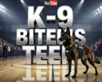 A viral, hyper-realistic YouTube thumbnail with a tense small-town Colorado gym atmosphere. The background is a packed high school gymnasium with excited crowd blur, wooden floor reflections, and dramatic overhead spotlights. The composition uses a dramatic low-angle shot to focus on the main subject: a powerful Belgian Malinois K-9 in full sheriff vest standing alert on the basketball court. The image features massive 3D typography with strict hierarchy: The Primary Text reads exactly: 'K-9 ZARA BITES TEEN'. This text is massive, the largest element in the frame, rendered in molten chrome with glowing red edges to look like a high-budget 3D render. The Secondary Text reads exactly: 'Policy Change Coming'. This text is significantly smaller, positioned below the main text. It features a thick white sticker-style outline with black shadow to pop against the background. Make sure text 2 is bold condensed font while text 1 is metallic futuristic. Crucial Instruction: There is absolutely NO other text, numbers, watermarks, or subtitles in this image other than these two specific lines. 8k, Unreal Engine 5, cinematic render.