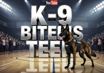A viral, hyper-realistic YouTube thumbnail with a tense small-town Colorado gym atmosphere. The background is a packed high school gymnasium with excited crowd blur, wooden floor reflections, and dramatic overhead spotlights. The composition uses a dramatic low-angle shot to focus on the main subject: a powerful Belgian Malinois K-9 in full sheriff vest standing alert on the basketball court. The image features massive 3D typography with strict hierarchy: The Primary Text reads exactly: 'K-9 ZARA BITES TEEN'. This text is massive, the largest element in the frame, rendered in molten chrome with glowing red edges to look like a high-budget 3D render. The Secondary Text reads exactly: 'Policy Change Coming'. This text is significantly smaller, positioned below the main text. It features a thick white sticker-style outline with black shadow to pop against the background. Make sure text 2 is bold condensed font while text 1 is metallic futuristic. Crucial Instruction: There is absolutely NO other text, numbers, watermarks, or subtitles in this image other than these two specific lines. 8k, Unreal Engine 5, cinematic render.