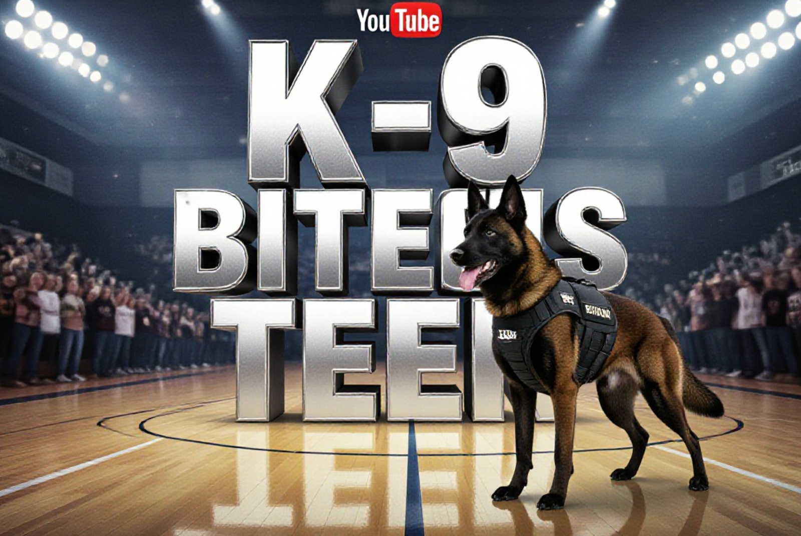 A viral, hyper-realistic YouTube thumbnail with a tense small-town Colorado gym atmosphere. The background is a packed high school gymnasium with excited crowd blur, wooden floor reflections, and dramatic overhead spotlights. The composition uses a dramatic low-angle shot to focus on the main subject: a powerful Belgian Malinois K-9 in full sheriff vest standing alert on the basketball court. The image features massive 3D typography with strict hierarchy: The Primary Text reads exactly: 'K-9 ZARA BITES TEEN'. This text is massive, the largest element in the frame, rendered in molten chrome with glowing red edges to look like a high-budget 3D render. The Secondary Text reads exactly: 'Policy Change Coming'. This text is significantly smaller, positioned below the main text. It features a thick white sticker-style outline with black shadow to pop against the background. Make sure text 2 is bold condensed font while text 1 is metallic futuristic. Crucial Instruction: There is absolutely NO other text, numbers, watermarks, or subtitles in this image other than these two specific lines. 8k, Unreal Engine 5, cinematic render.